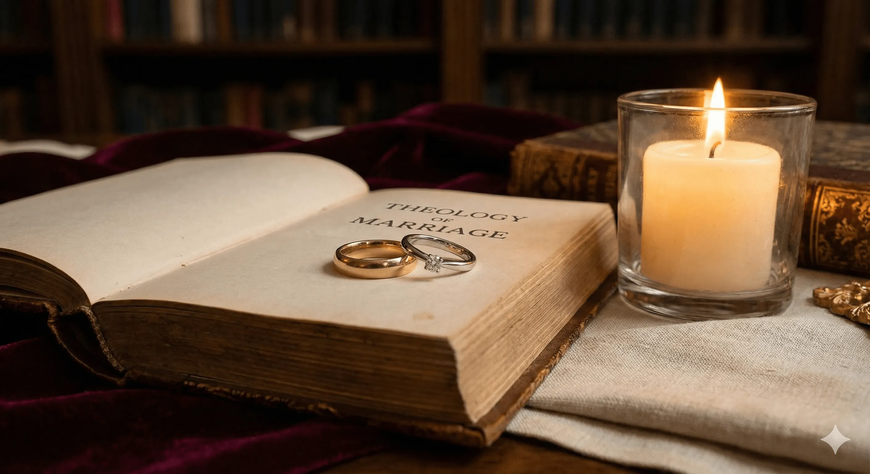 Wedding rings on theology book representing sacred healing
